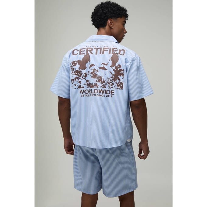 Gecertificeerde Wereldwijde Popeline Gestreepte Oversized Shirt & Short Set | Blue | Size Medium