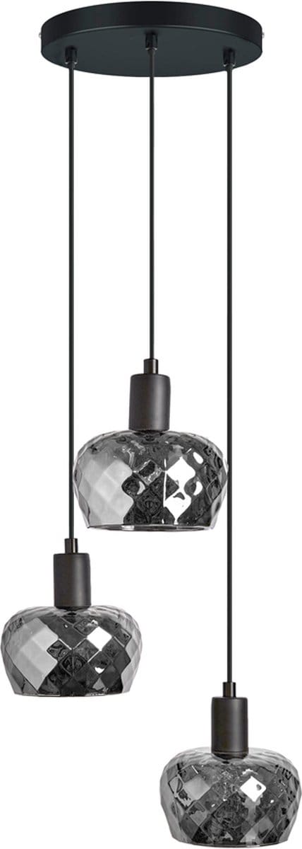 LumenXL Mat zwarte hanglamp - smoke grijs glas 3-lichts - Reno