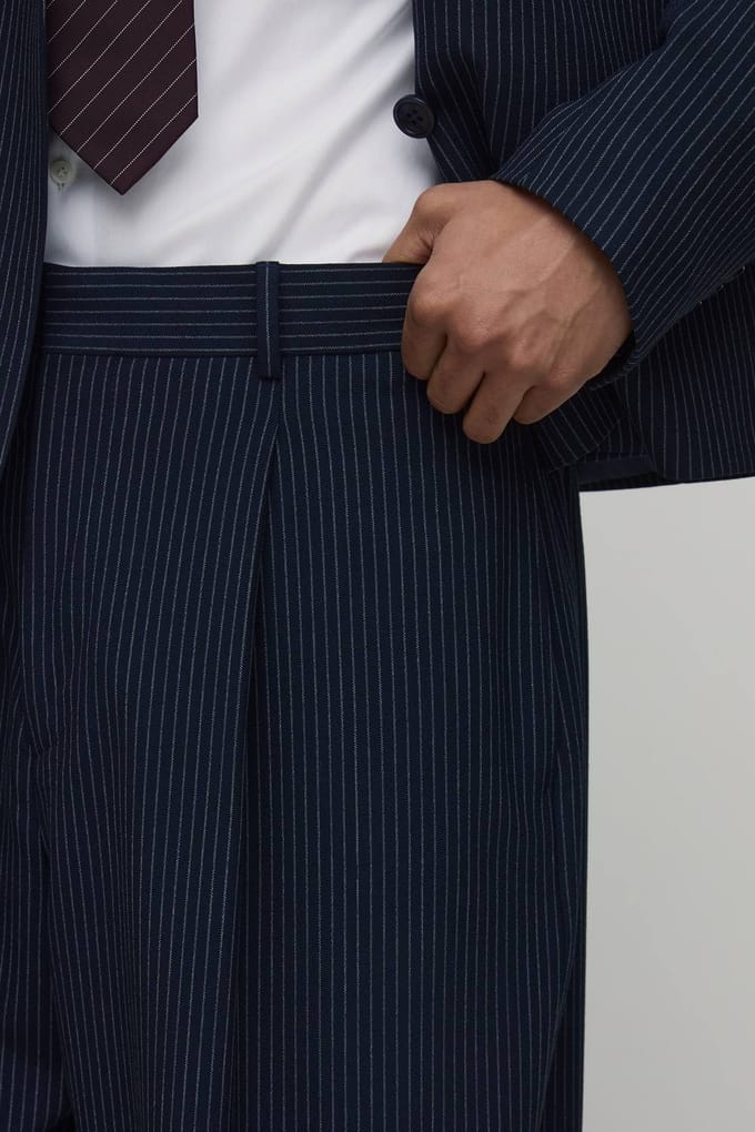 Gestreepte Wijde Pijpen Plooivoorkant Gesneden Pantalon | Navy | Size 36
