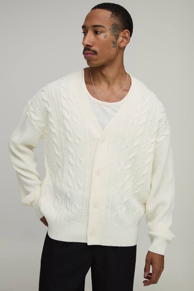 Relaxed Fit Cable Knit Knitted Cardigan | Ecru | Size Small