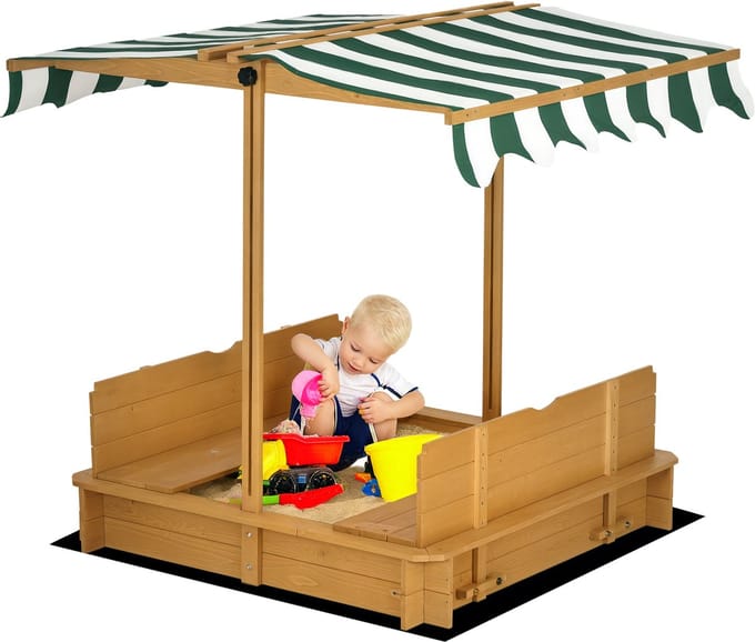 Outsunny Kinderen Zandbak-Dennenhout, Polyester-106L x 106B x 115H cm-Lichtbruin+Groen+Wit