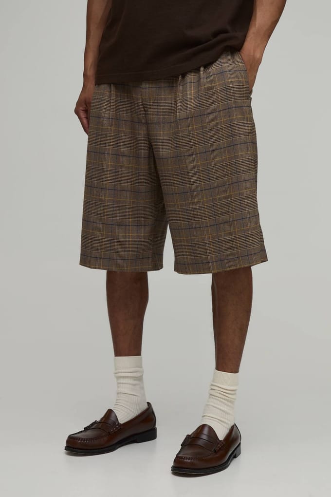 Tailored Check Wide Leg Pleat Front Suit Shorts | Chocolate | Size 56