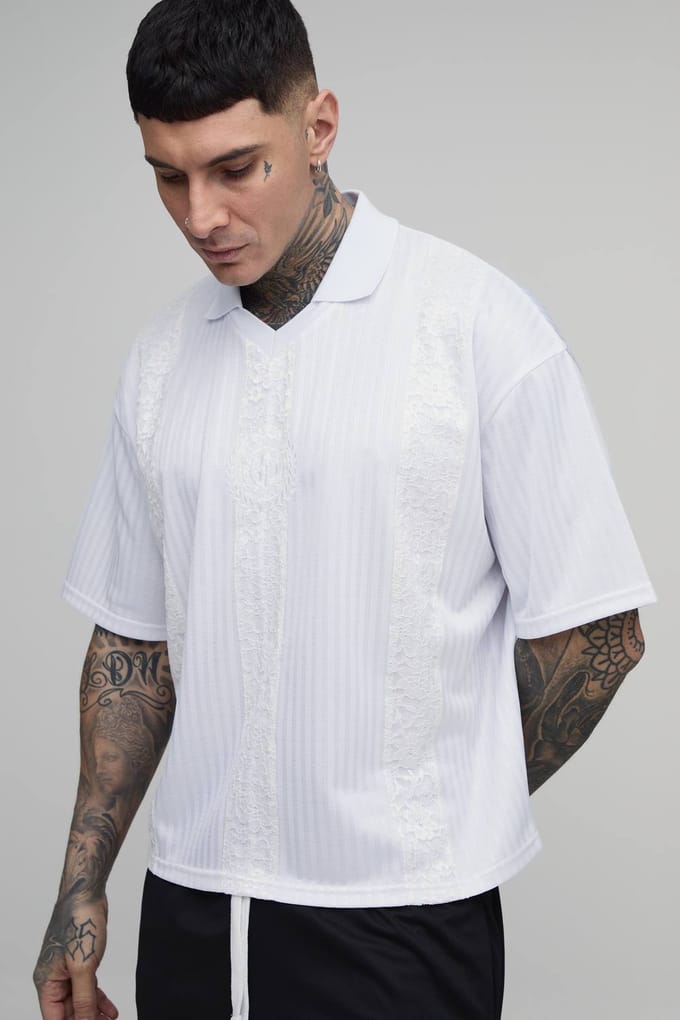 Lang Oversized Boxy Gestreept Shirt Met Kanten Paneel Football Top | White | Size Medium