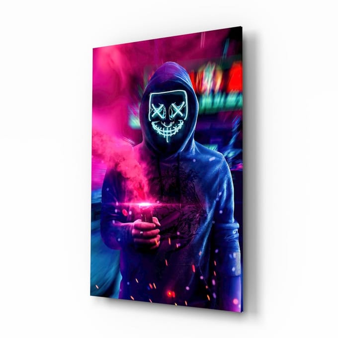 Glasschilderij – Neon Protest - Wanddecoratie - 72x46x0.4 cm