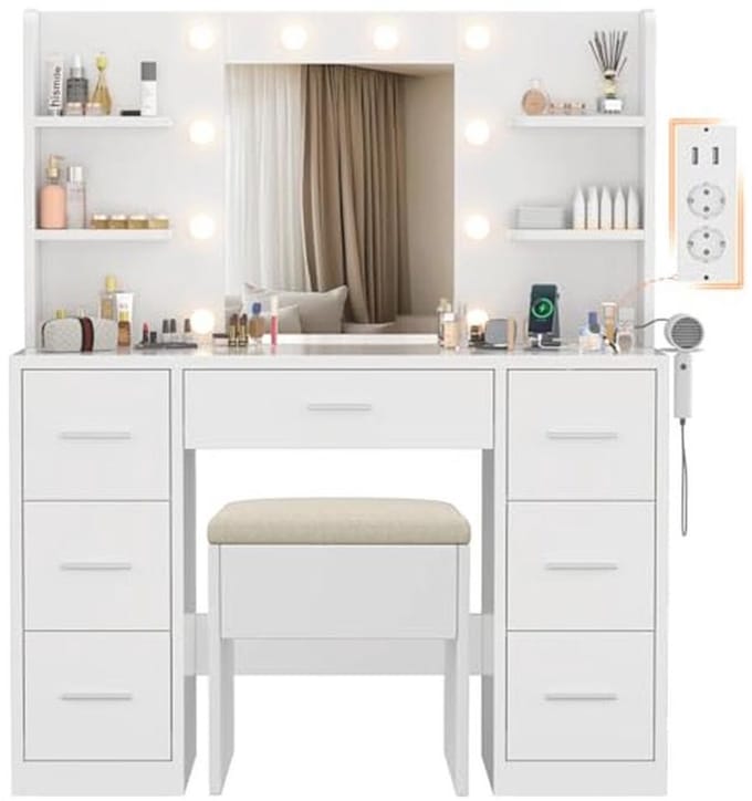 Groot Make-up Tafel met Spiegel en Verlichting - Modern Design met LED Verlichting, Verstelbare Helderheid, 7 Laden en 6 Planken