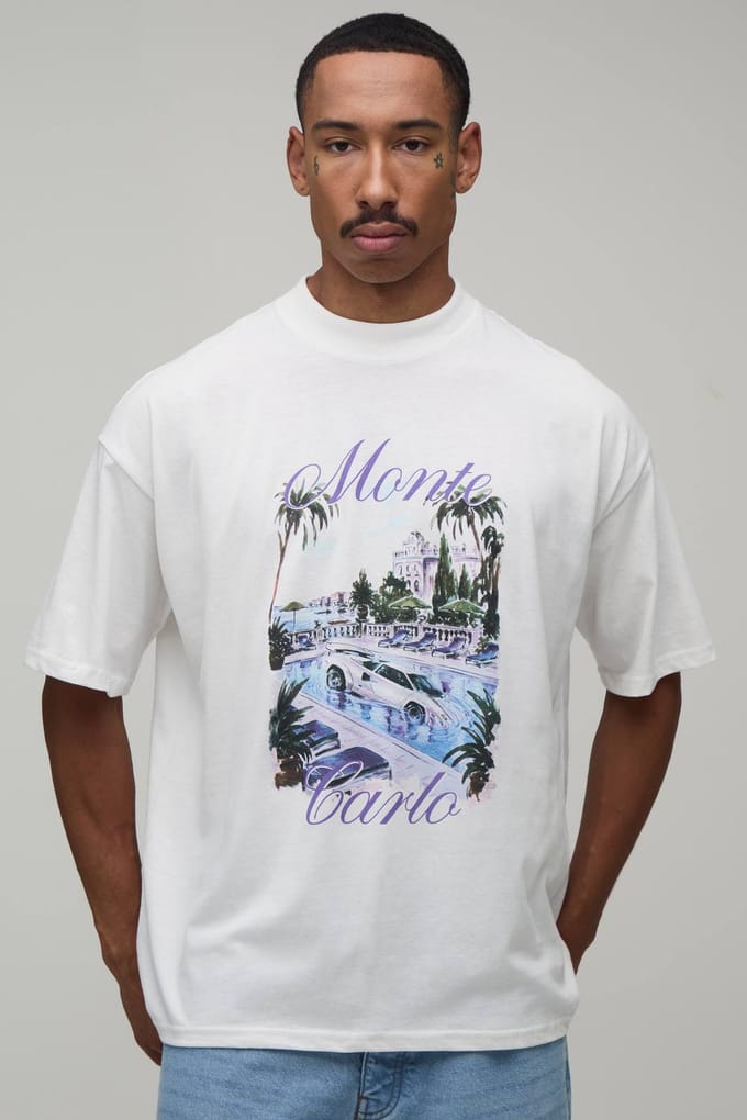 Wit Oversized T-shirt Met Monte Carlo Auto Print | White | Size Large