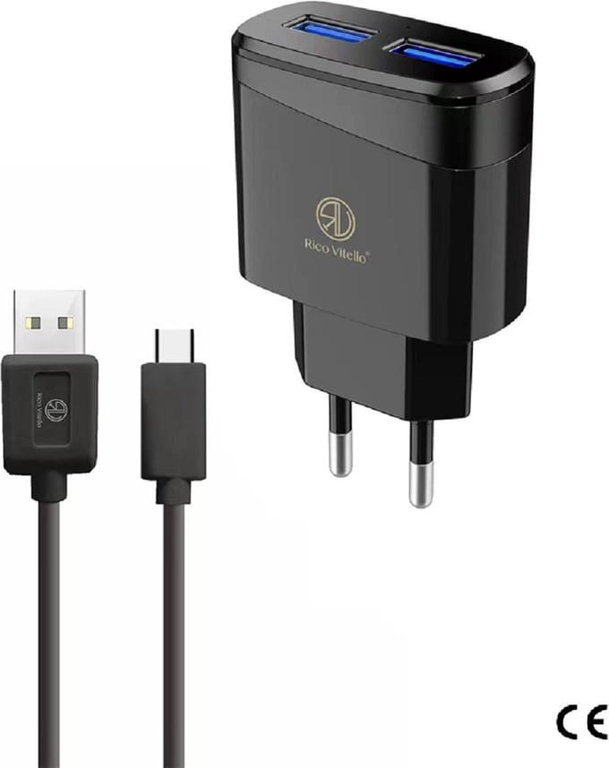 Oplader Rico Vitello, thuislader 2,4A  en kabel 1 meter zwart, USB Type-C kabel , travel charger , CE certificate