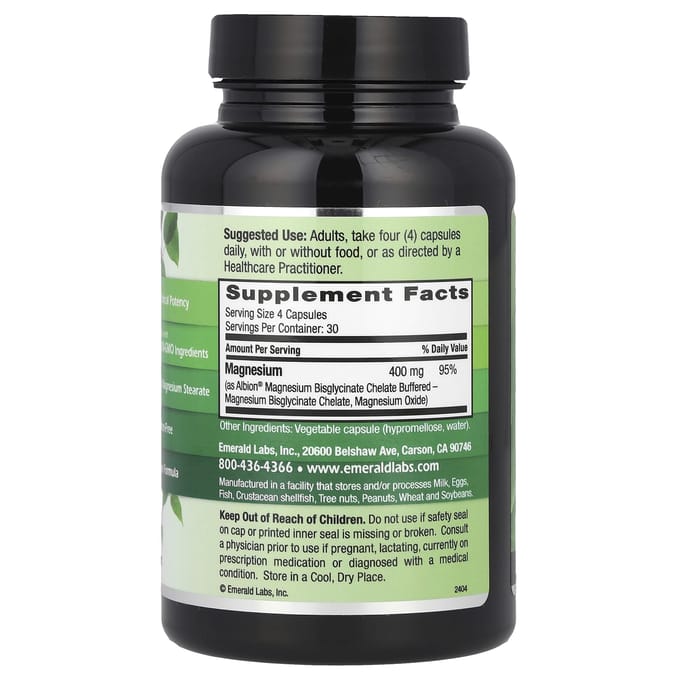 Emerald Laboratories, Puur Albion Magnesium, 400 mg, 120 Plantaardige Capsules (100 mg per capsule)