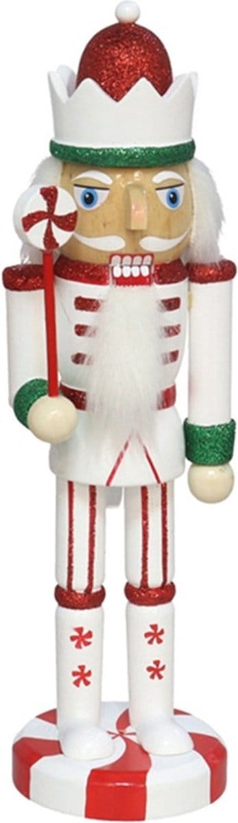 Gerimport Notenkraker decoratie figuur/beeld - 7 x 6,5 x 25 cm - wit/rood - hout