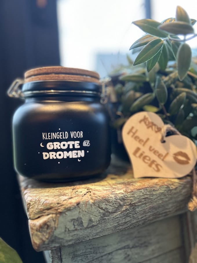 Creaties van Hier - Luxe Spaarpot met houten hartje - Grote Dromen - Glas