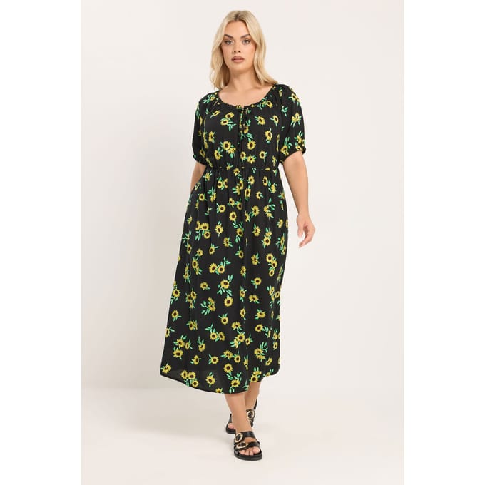 Yours Zwarte Maxijurk Met Zonnebloemenprint Size 42