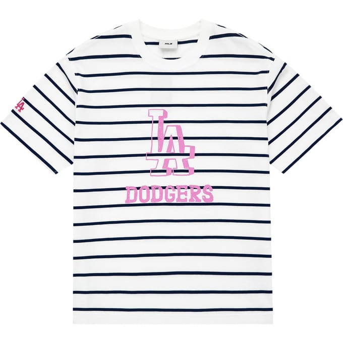 T-shirt décontracté à manches courtes et col rond rayé MLB Unisexe Blanc 3ATSB3033-07IVS L gray