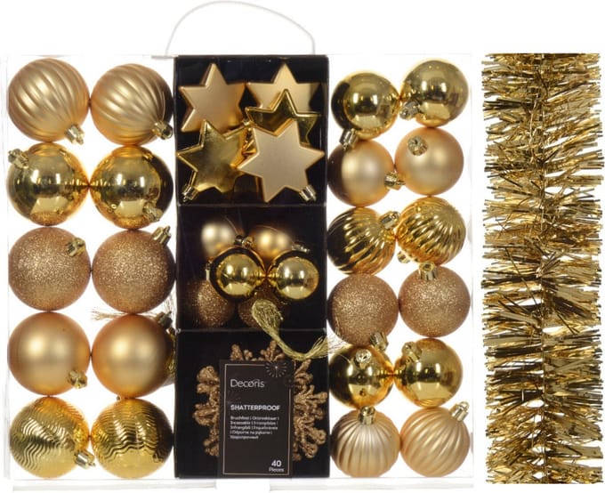 Kerstversiering set - goud - kerstballen, ornamenten en folie slinger - kunststof