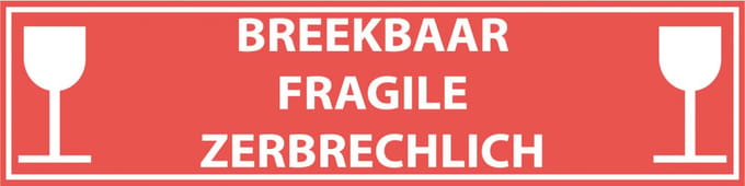 Breekbaar 3-talig sticker, oranje wit 200 x 50 mm