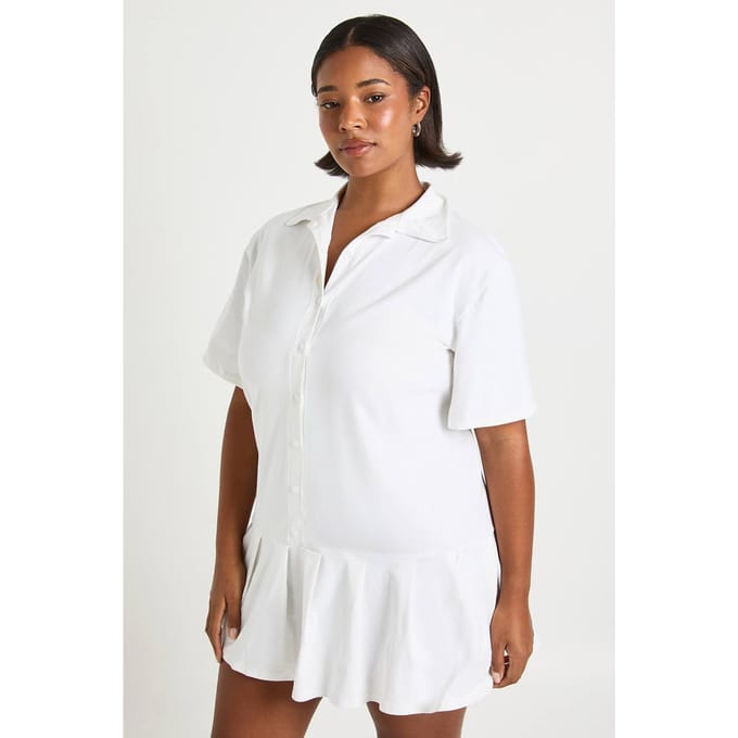 boohoo Dames Plus geplooide zoom skater-overhemdjurk | Wit | Maat: 46