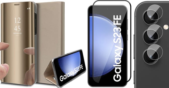 Hoesje geschikt voor Samsung Galaxy S23 FE - Screenprotector Volledig Dekkend Glas & Camera - Spiegel Book Case Goud