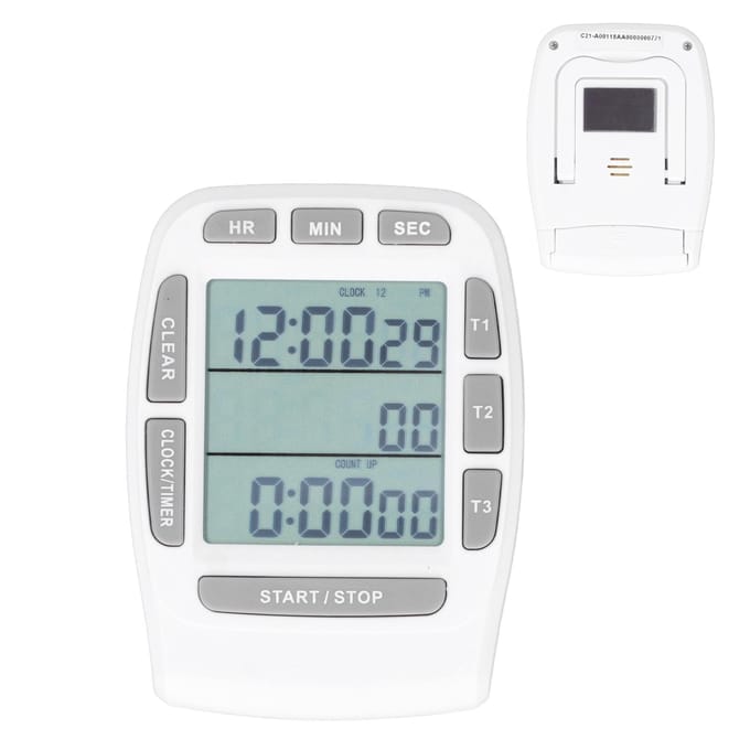 Horloge Triple Minuteur Compte à Rebours Haut 4.0x4.4cm Affichage LCD Multifonction Blanc Batterie Intégrée gray