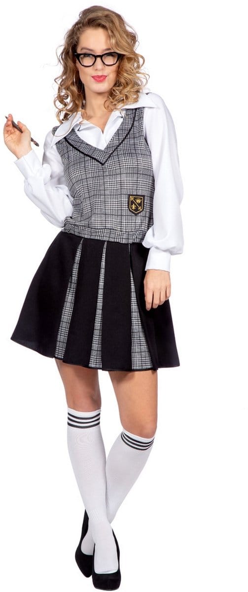 Schoolmeisje Outfit Grijs Zwart Dames - Maat 36