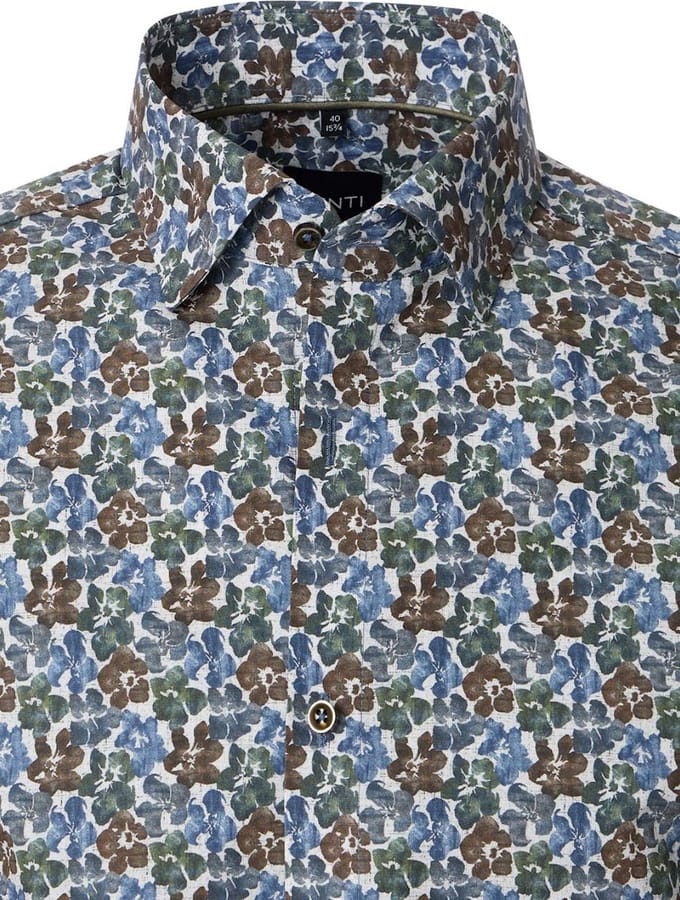Blauw Gebloemd Venti Overhemd Kent Boord Modern Fit - M