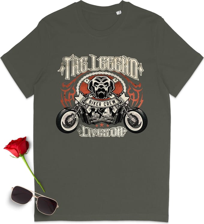 T Shirt Heren en Dames - Motor Biker - Groen (Khaki) - Maat XL