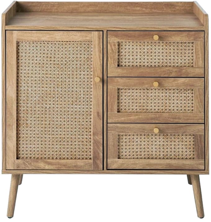 CALICOSY - Commode met 1 deur en 3 lades, rotan fronten en houten poten, L80 cm - PALMO