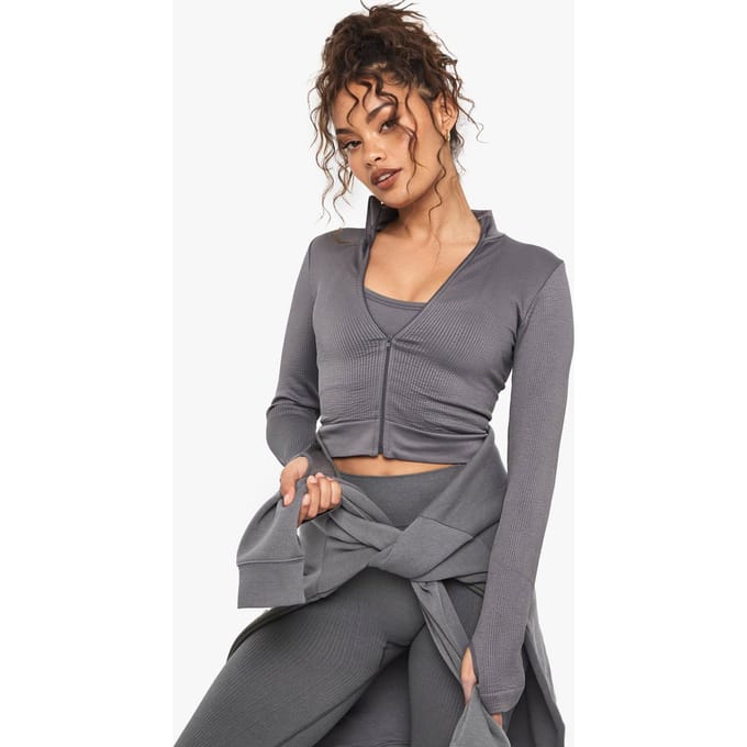 Dames Boohoo Basics Naadloze Rib Zip-Through Jas | Houtskool | Maat: Medium