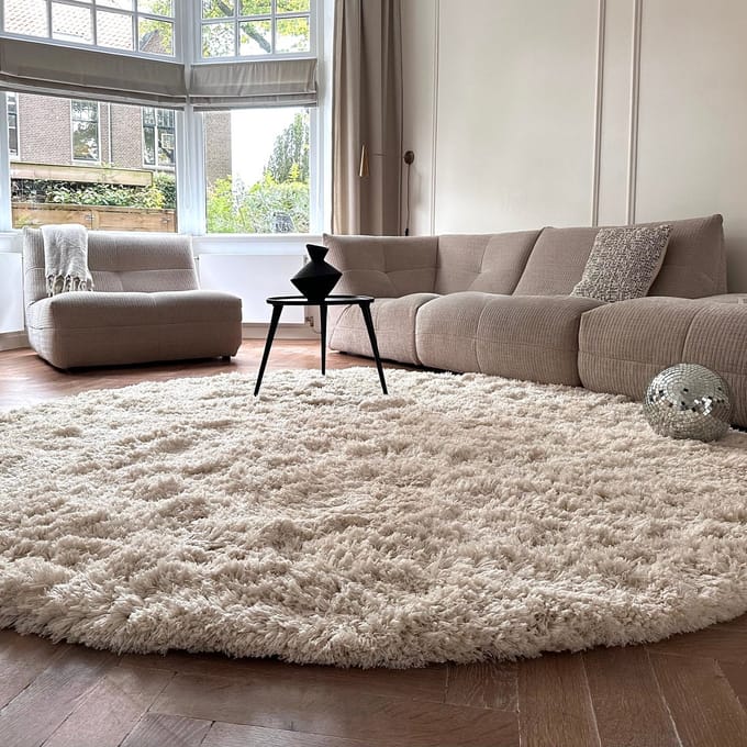 Rond Hoogpolig Vloerkleed Pilo Ivoor Wit Polyester Interieur05 - Rond 120 Ø - (S)