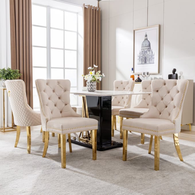 MODENUIT Eetkamerstoel - Set van 6 - Deurklopper, Nagelkoprand - Voor Eetkamer en Woonkamer - Fluweel Beige