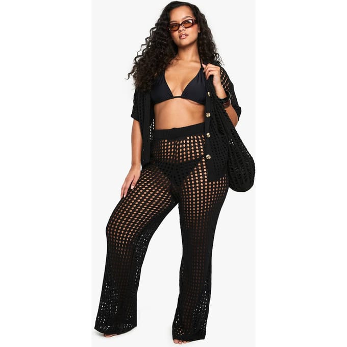 boohoo Dames Plus Beach Knit Broek met Wijde Pijpen | Zwart | Maat: 56