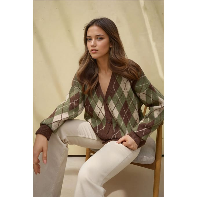 Lange V-hals Geometrische Trui Cardigan met Knopen