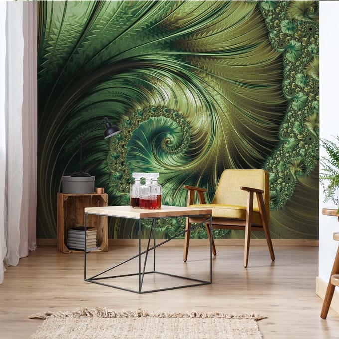 Fotobehang - Vlies Behang - Groene Veren Tornado - Abstract - Kunst - 416 x 290 cm