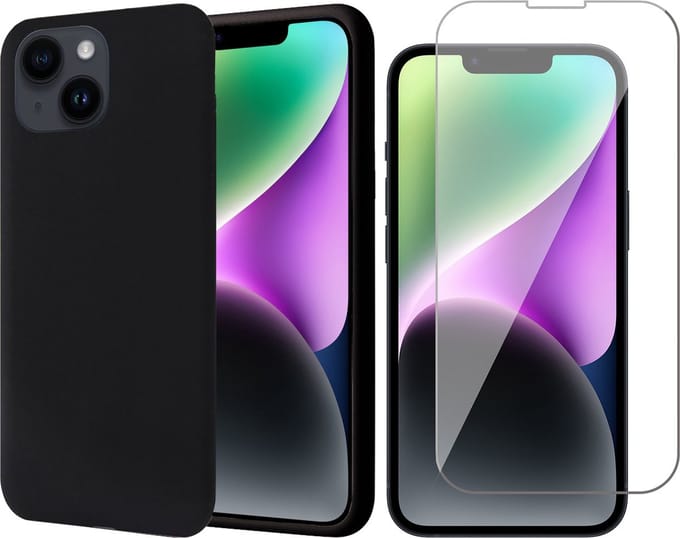 Hoesje geschikt voor iPhone 14 Plus - Screen Protector GlassGuard - Back Cover Case SoftTouch Zwart & Screenprotector