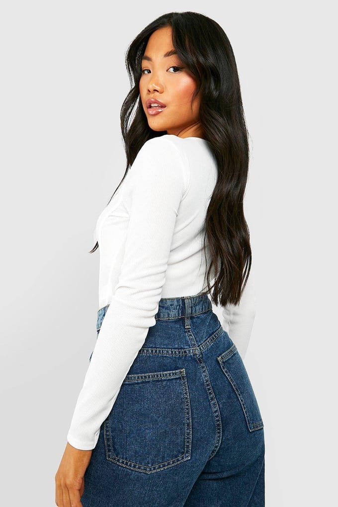 boohoo Dames Petite Rib Corset Bodysuit | Wit | Maat: 36
