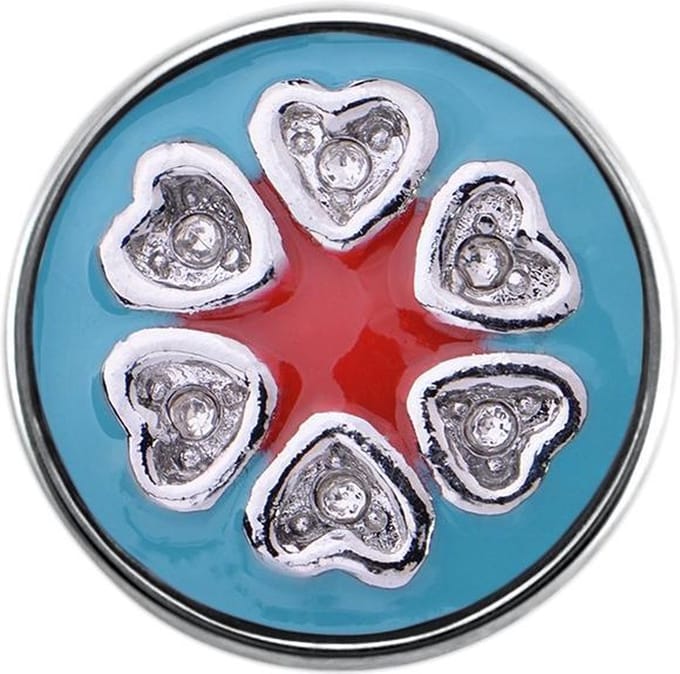 Quiges - Dames Click Button Drukknoop 18mm Hart Blauw met Rood Emaille en Zirkonia - EBCM299