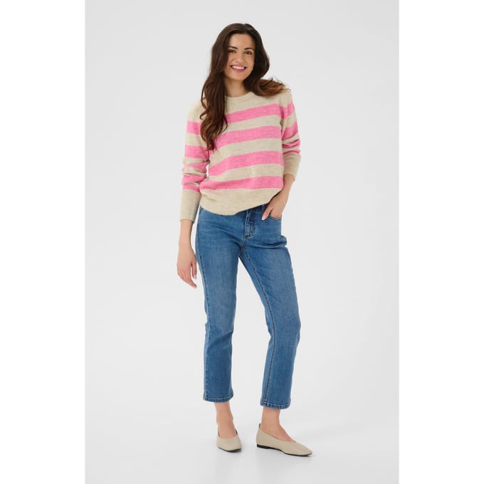 Kaffe KAniel Striped Pullover Dames Trui - Feather Gray Mel/Pink melange