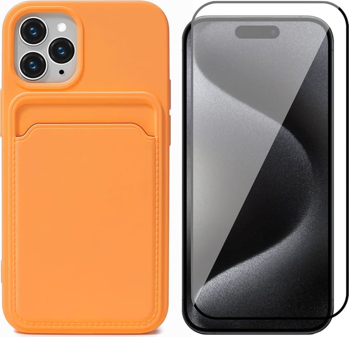 Hoesje Pasjeshouder geschikt voor iPhone 15 Pro - Screenprotector FullGuard - Siliconen Case Back Cover Oranje & Screen Protector