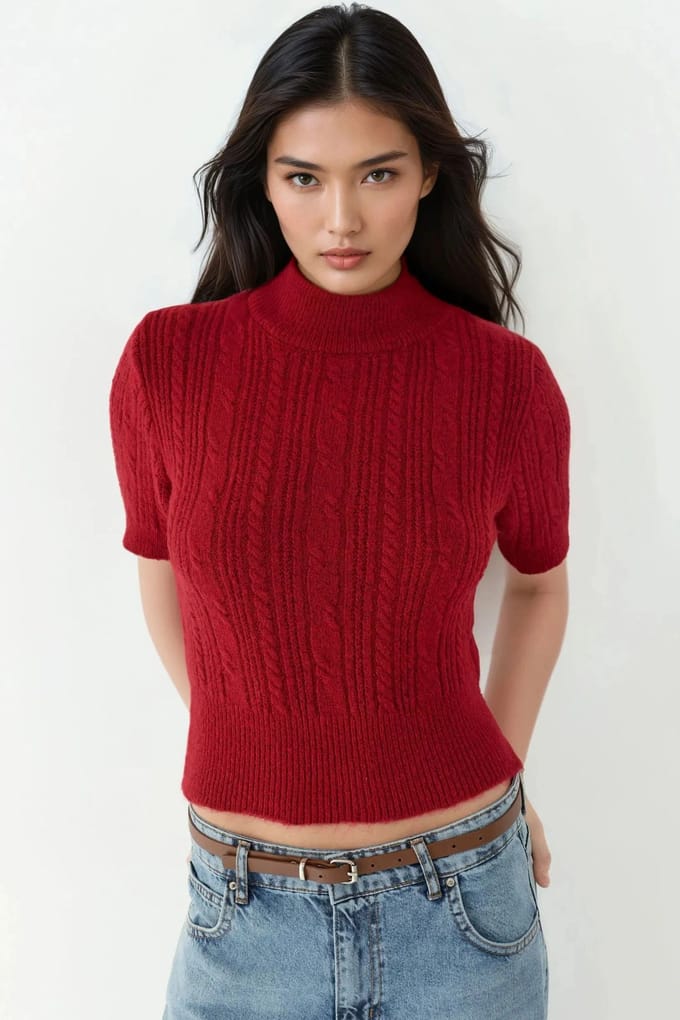 Korte Mouw Halve Turtleneck Haar Vlecht Gebreid Trui