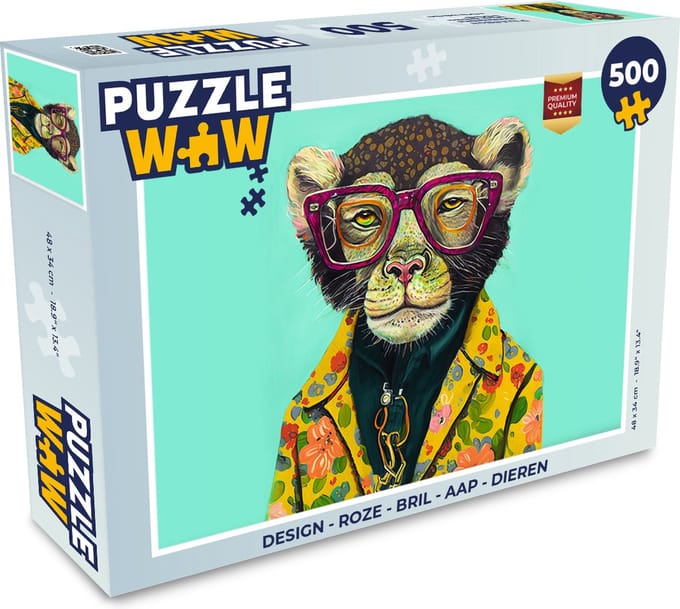 Puzzel Design - Roze - Bril - Aap - Dieren - Legpuzzel - Puzzel 500 stukjes