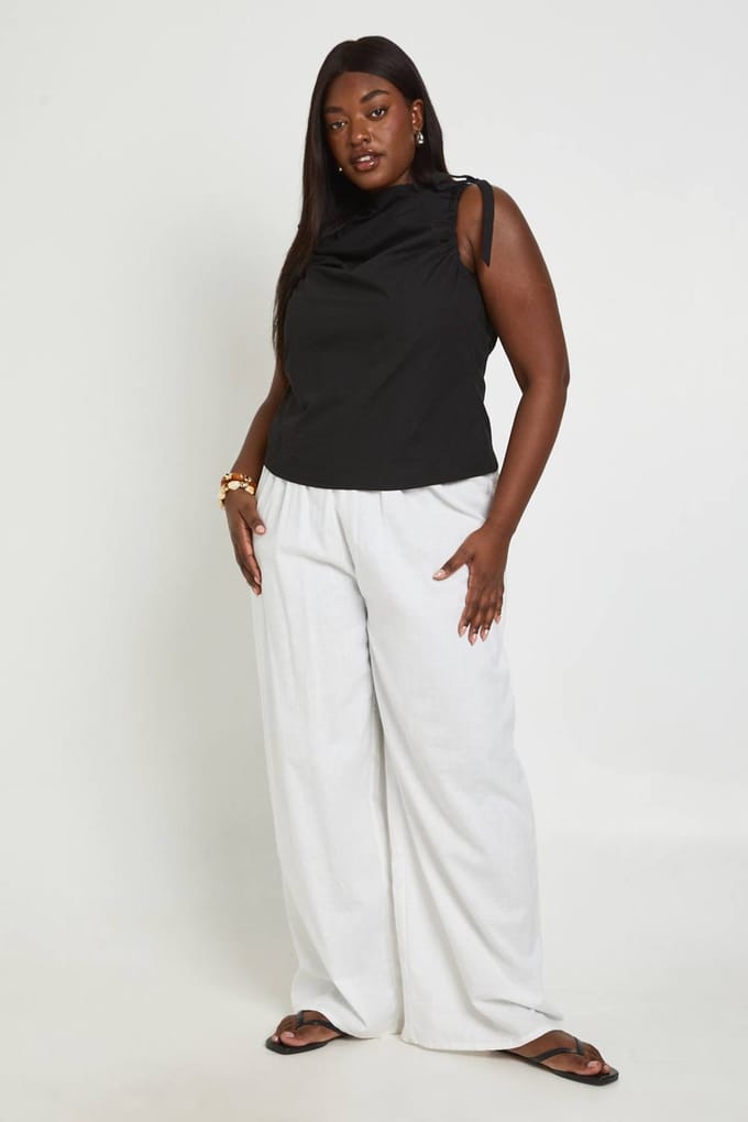 boohoo Dames Plus Poplin Top Met Strikschouders | Zwart | Maat: 44