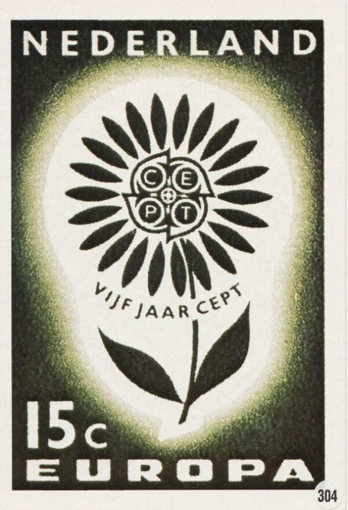 Briefkaart met afbeelding Europa-zegels – 5 jaar C.E.P.T postzegel