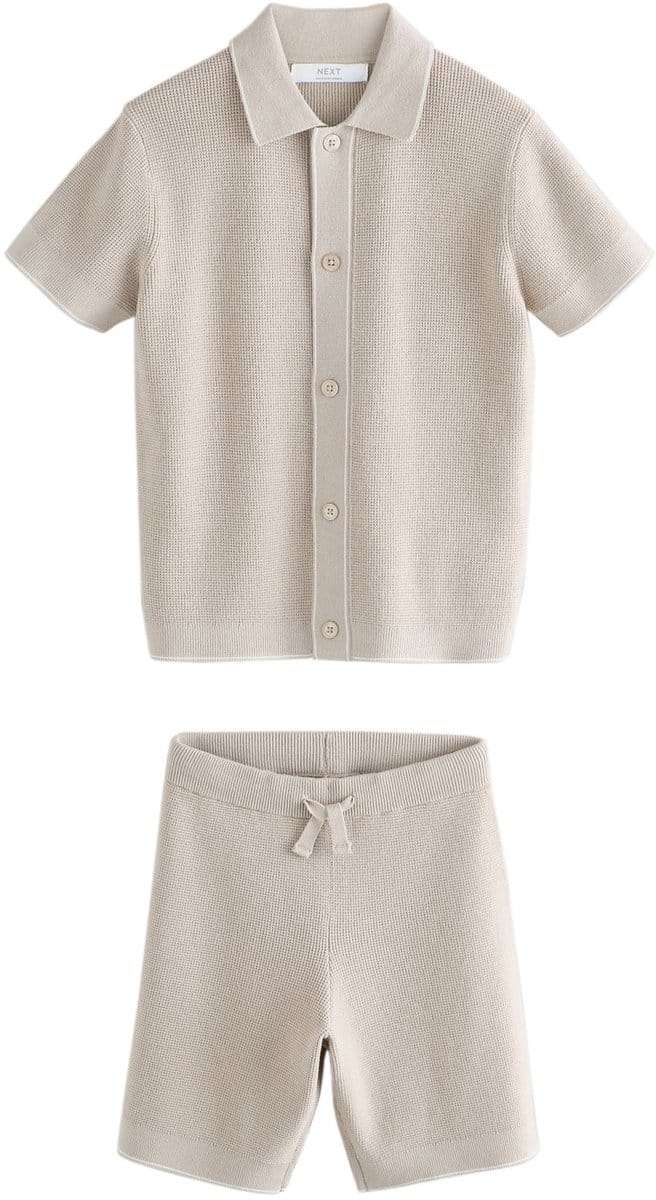 Next - Jongens - Set van gebreid poloshirt en korte broek met textuur - Naturel
