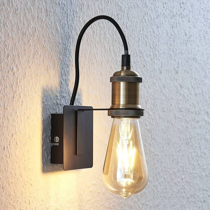 Lindby - wandlamp - 1licht - Metaal - H: 15.6 cm - E27 - antiek messing, zwart