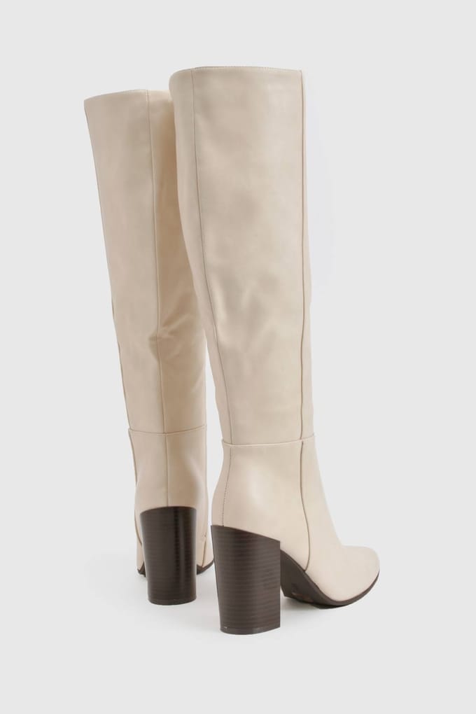 boohoo Dames Column Kniehoge Stacked Hiel Laarzen | Ecru | Maat: 8