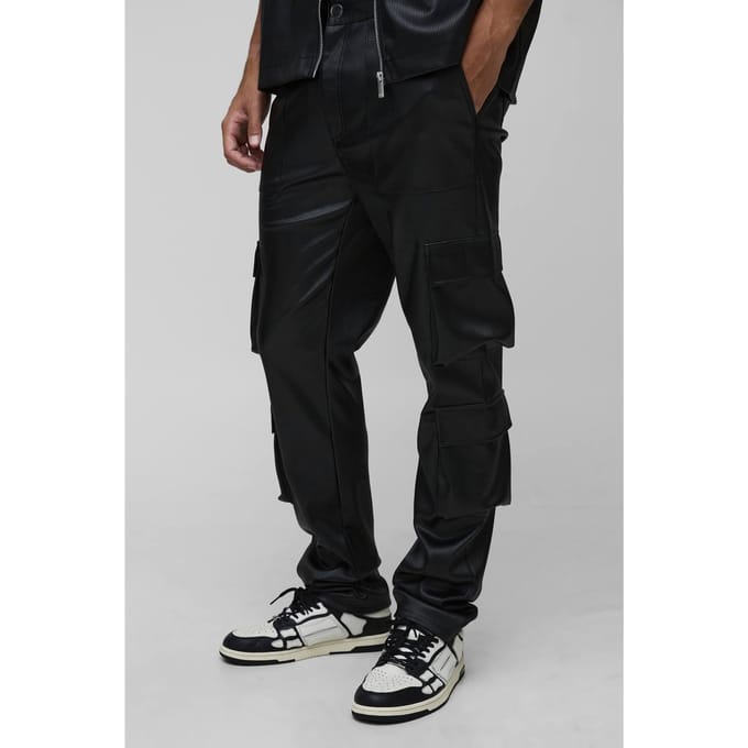 Hoge geplooide PU gestapelde cargobroeken met wijde pijpen | Black | Size 32