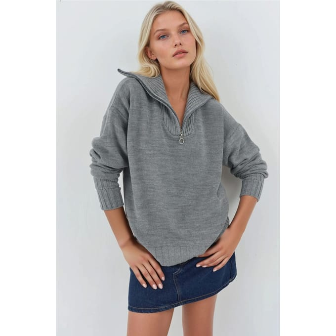Oversized Geribde Gebreide Trui met Ritskraag