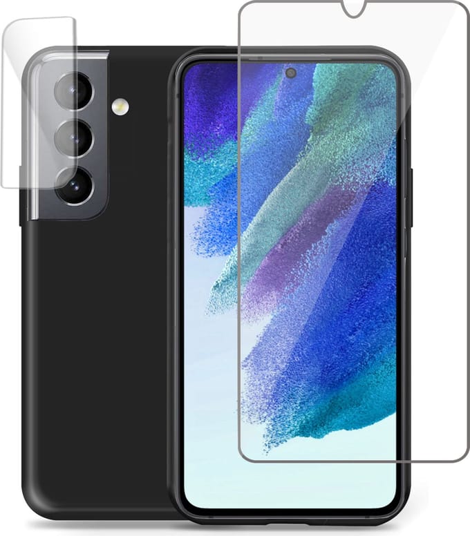 Hoesje geschikt voor Samsung S21 FE - Screenprotector & Camera Screen Protector Tempered Glas Cover - Liquid Back Case Zwart