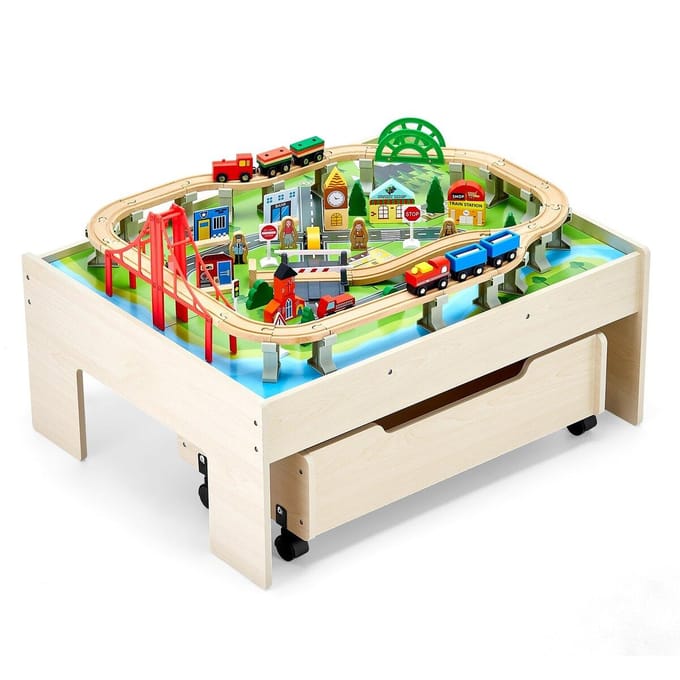 Trein Tafel 100 STuks Houten Kinder Activiteitentafel met Uitschuifbare Opberglade