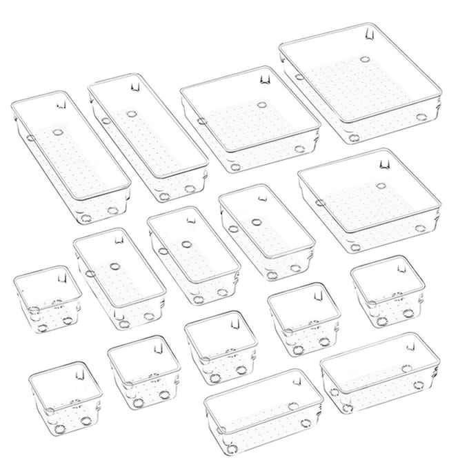 16PCS lade-organizerbox met antislip siliconen pads 5-formaat bureaulade-organizerlades Opslag 16pcs transparant