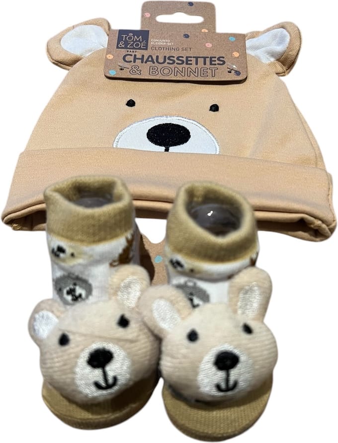 Tom en Zoe - Babysokjes met muts - Beer - 0 tot 6 maand - Geschenk set - Bruin