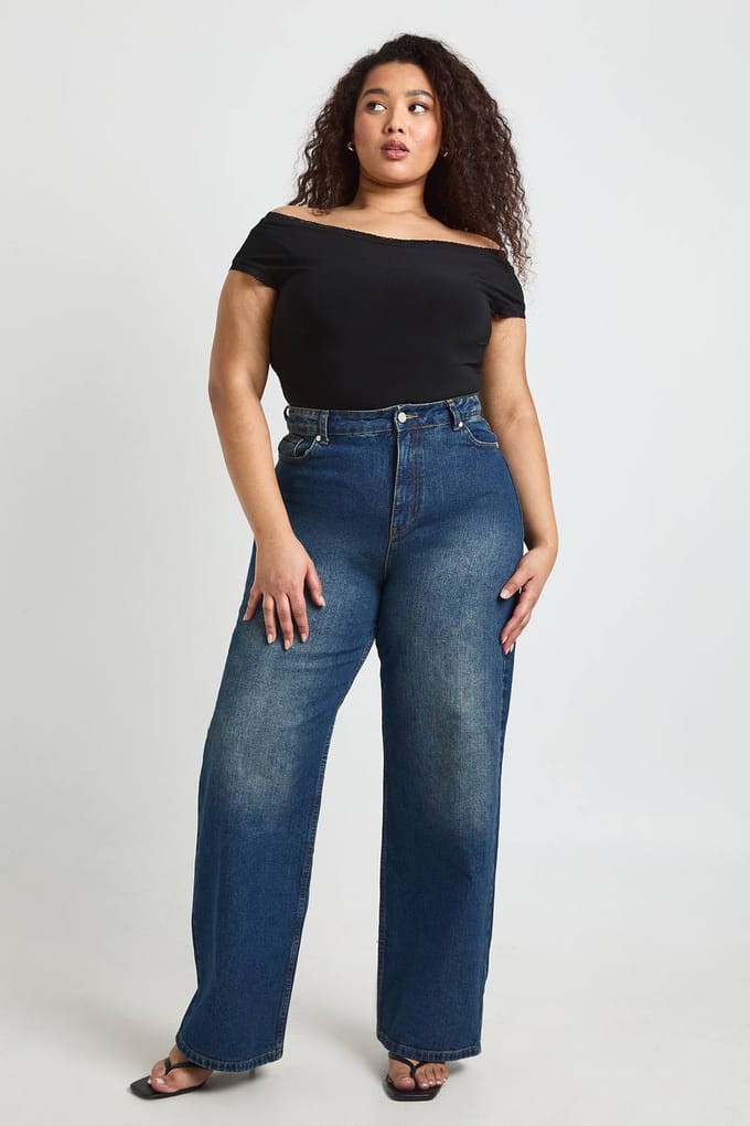 boohoo Dames Plus Size Kanten Rand Off-Shoulder Body | Zwart | Maat: 50